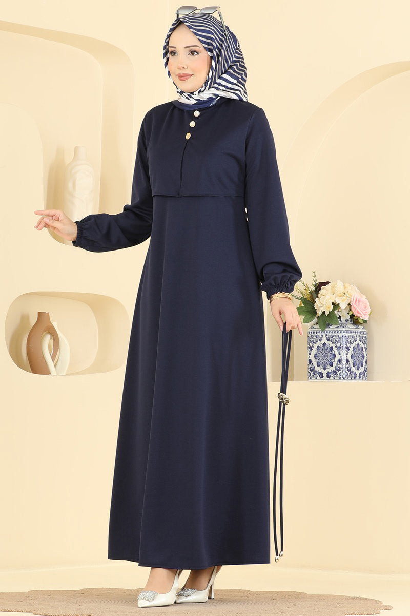 Elegant Crepe Dress with Decorative Buttons - Navy