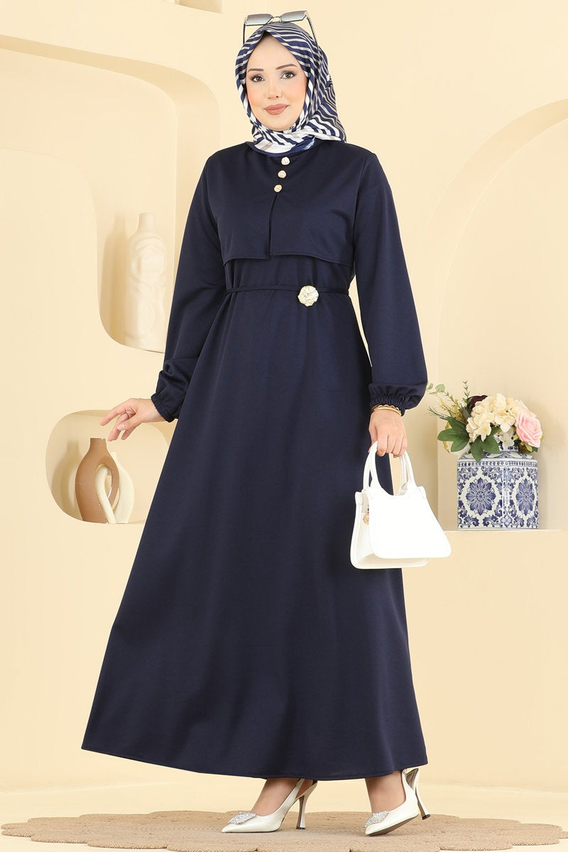Elegant Crepe Dress with Decorative Buttons - Navy