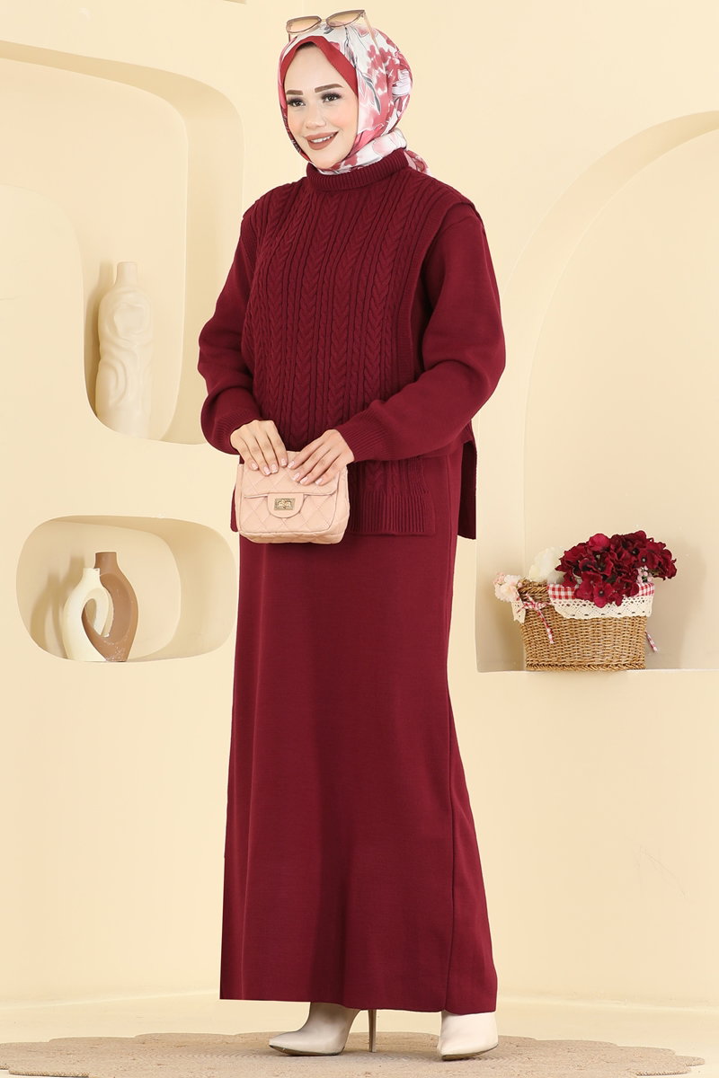 Knit Dress with Sweater Detail - Burgundy