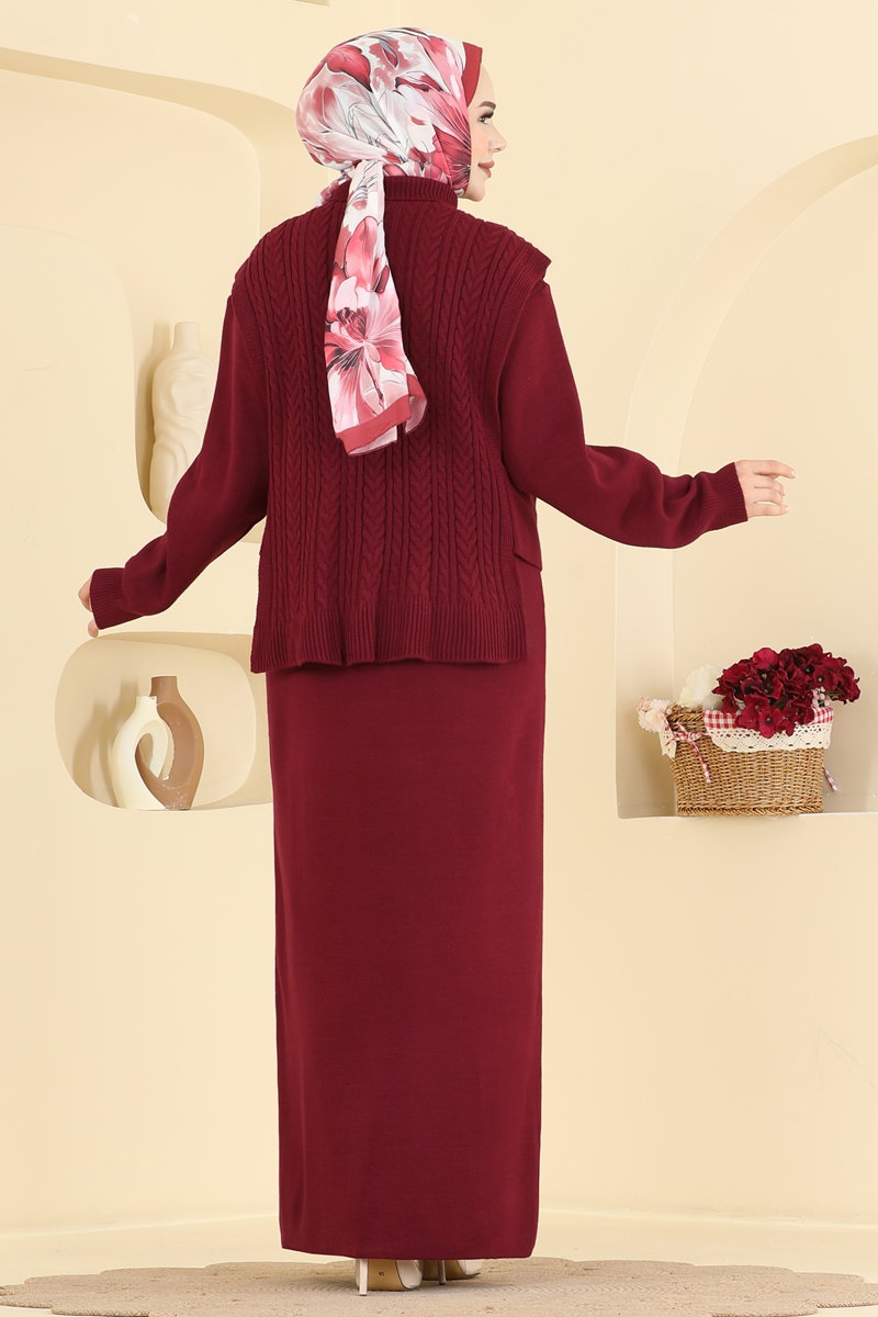 Knit Dress with Sweater Detail - Burgundy
