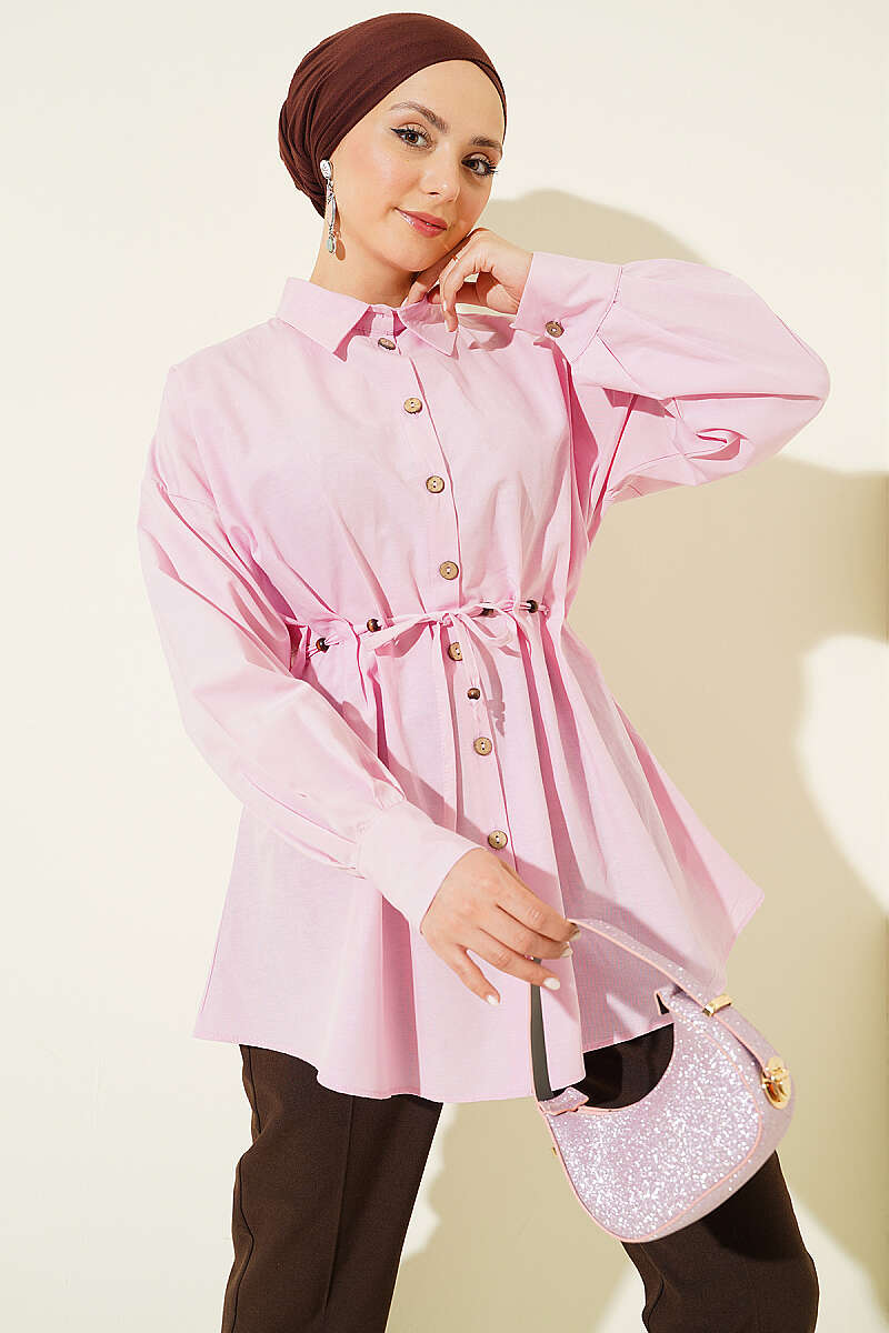 Dart Shirt with Wooden Buttons and Drawstring Waist - Pink