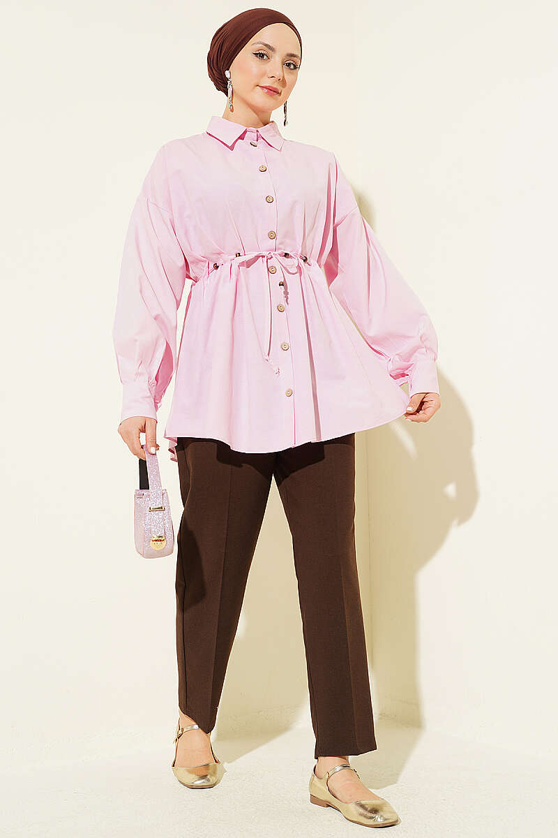 Dart Shirt with Wooden Buttons and Drawstring Waist - Pink
