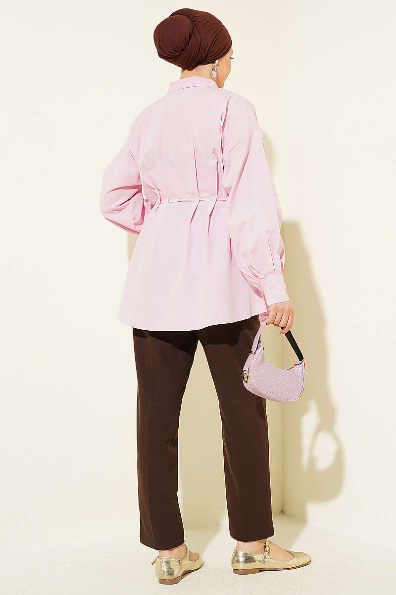 Dart Shirt with Wooden Buttons and Drawstring Waist - Pink