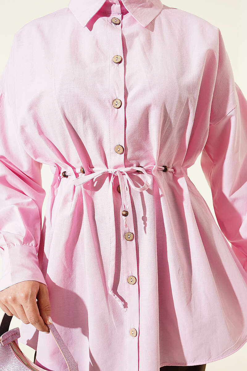 Dart Shirt with Wooden Buttons and Drawstring Waist - Pink