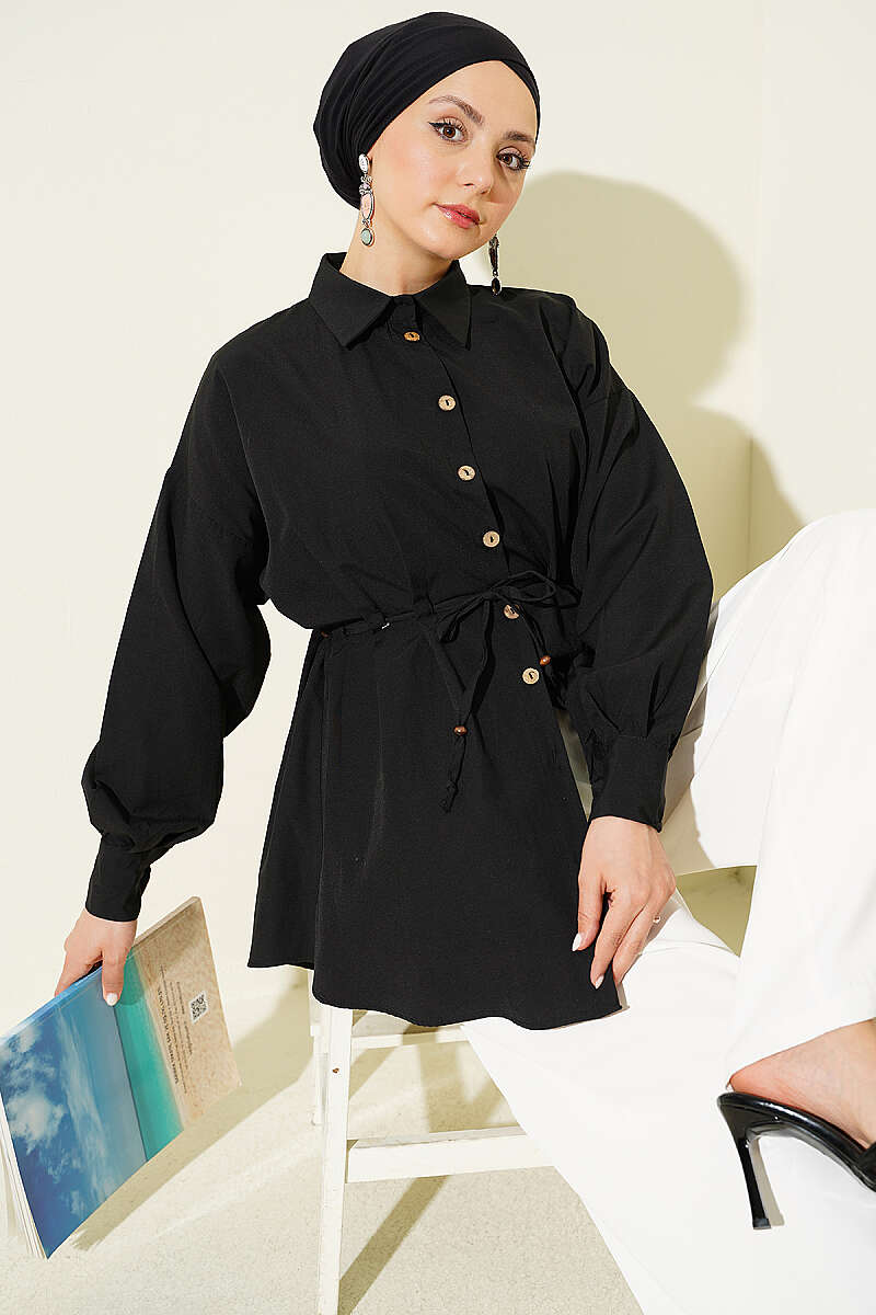 Dart Shirt with Wooden Buttons and Drawstring Waist - Black