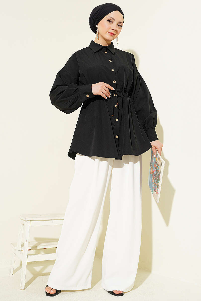 Dart Shirt with Wooden Buttons and Drawstring Waist - Black