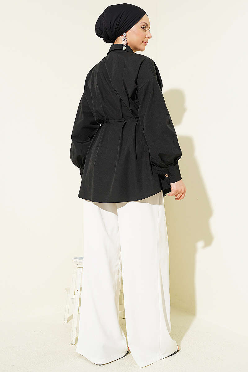 Dart Shirt with Wooden Buttons and Drawstring Waist - Black