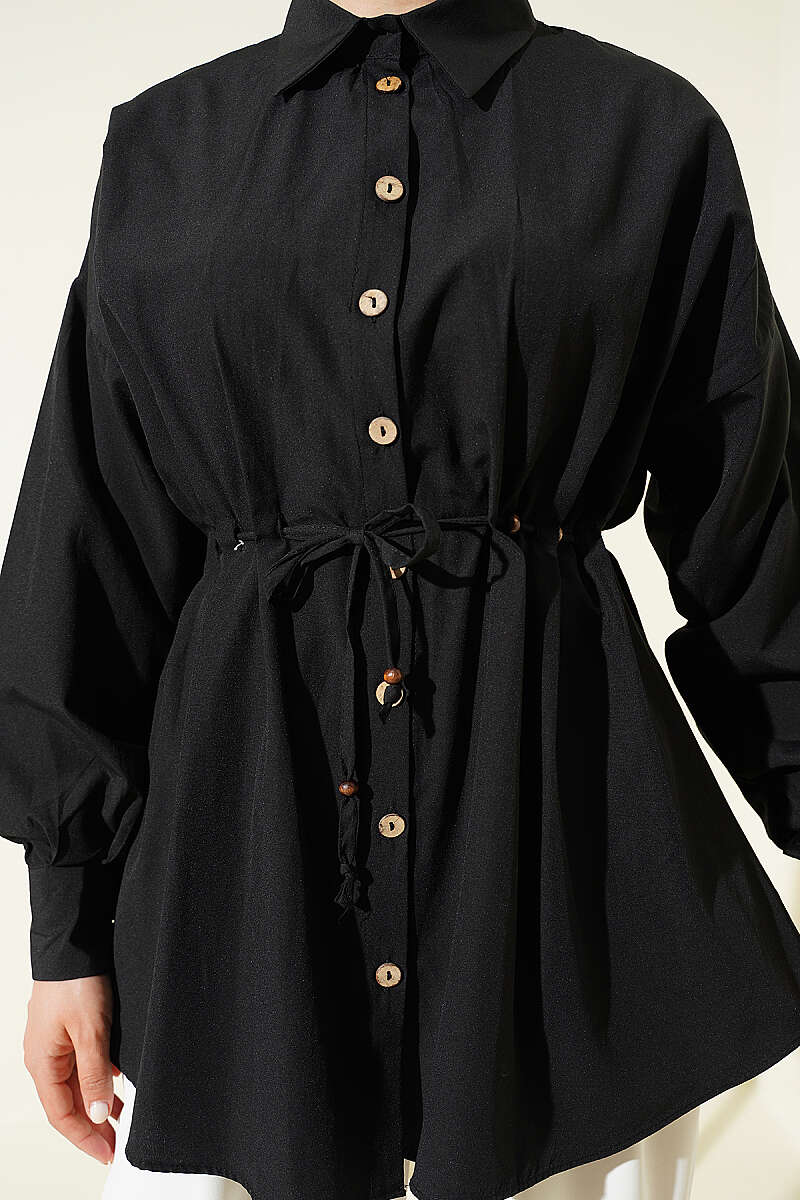Dart Shirt with Wooden Buttons and Drawstring Waist - Black