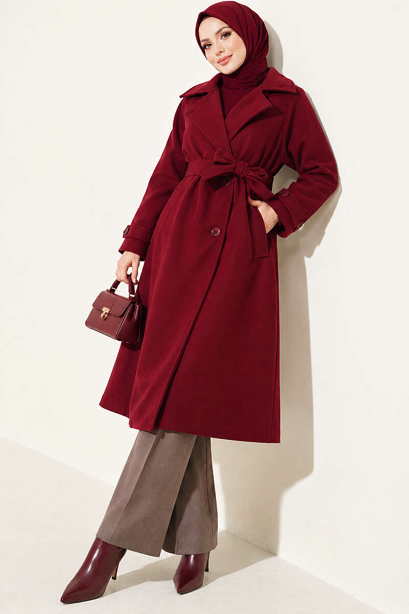 Double-Breasted Felt Coat with Wooden Buttons - Burgundy