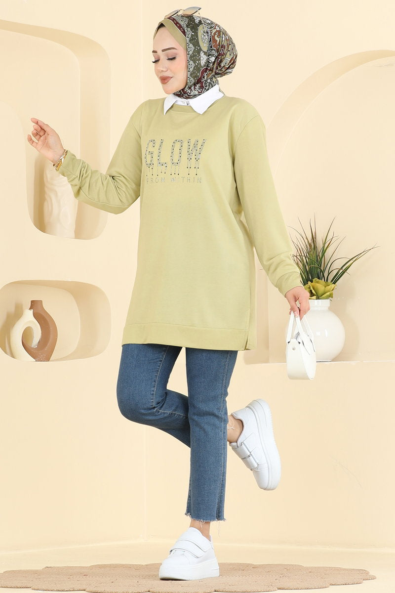 Rhinestone-Print Two-Thread Tunic - Light Almond Green