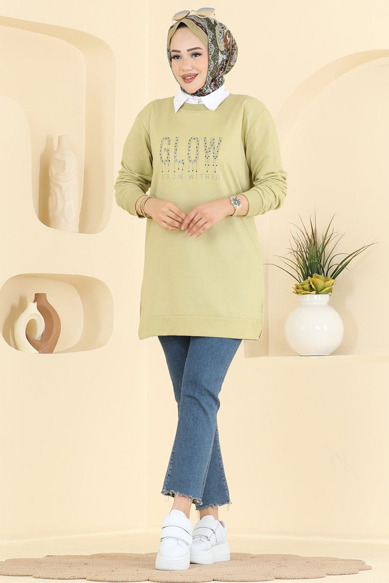 Rhinestone-Print Two-Thread Tunic - Light Almond Green