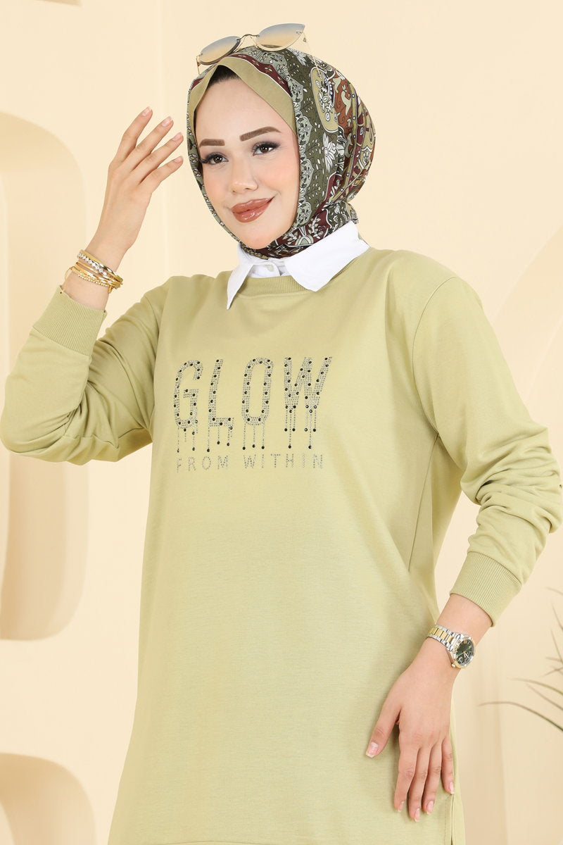 Rhinestone-Print Two-Thread Tunic - Light Almond Green