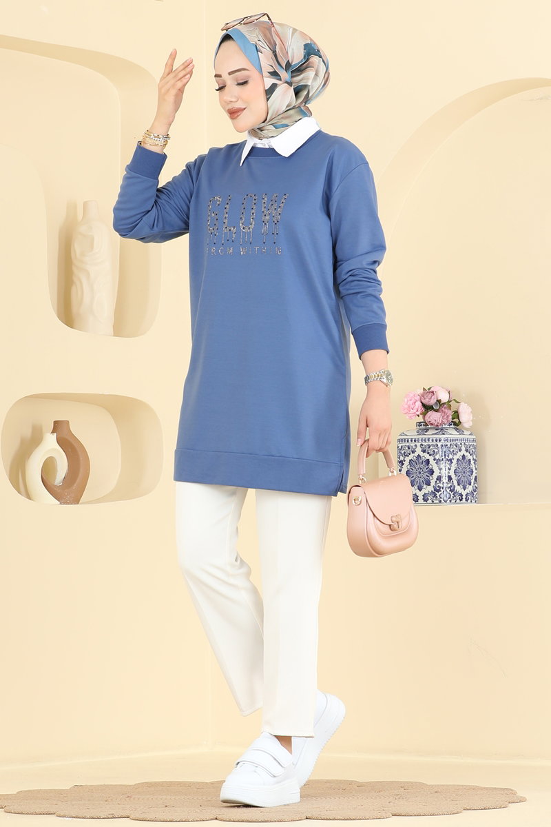 Rhinestone-Print Two-Thread Tunic - Indigo