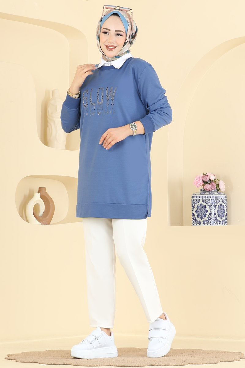 Rhinestone-Print Two-Thread Tunic - Indigo