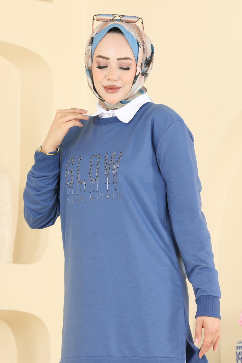 Rhinestone-Print Two-Thread Tunic - Indigo