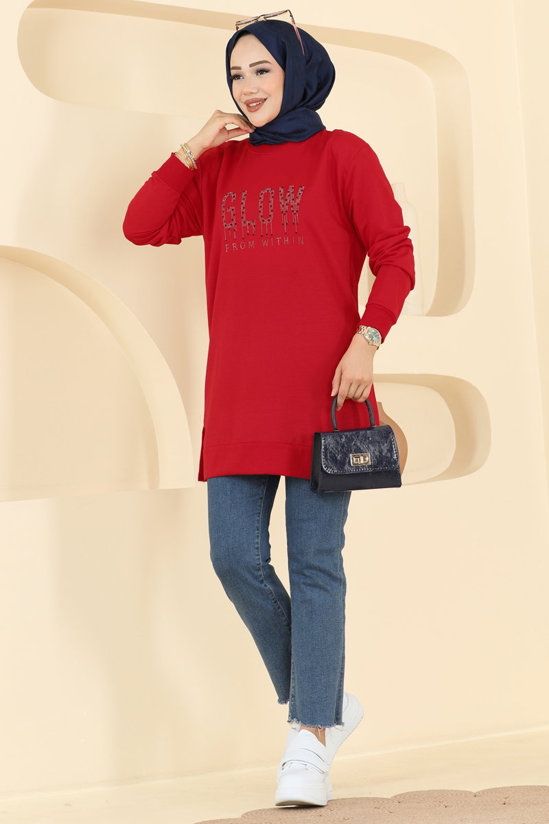 Rhinestone-Print Two-Thread Tunic - Red