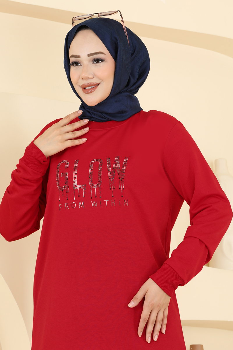 Rhinestone-Print Two-Thread Tunic - Red