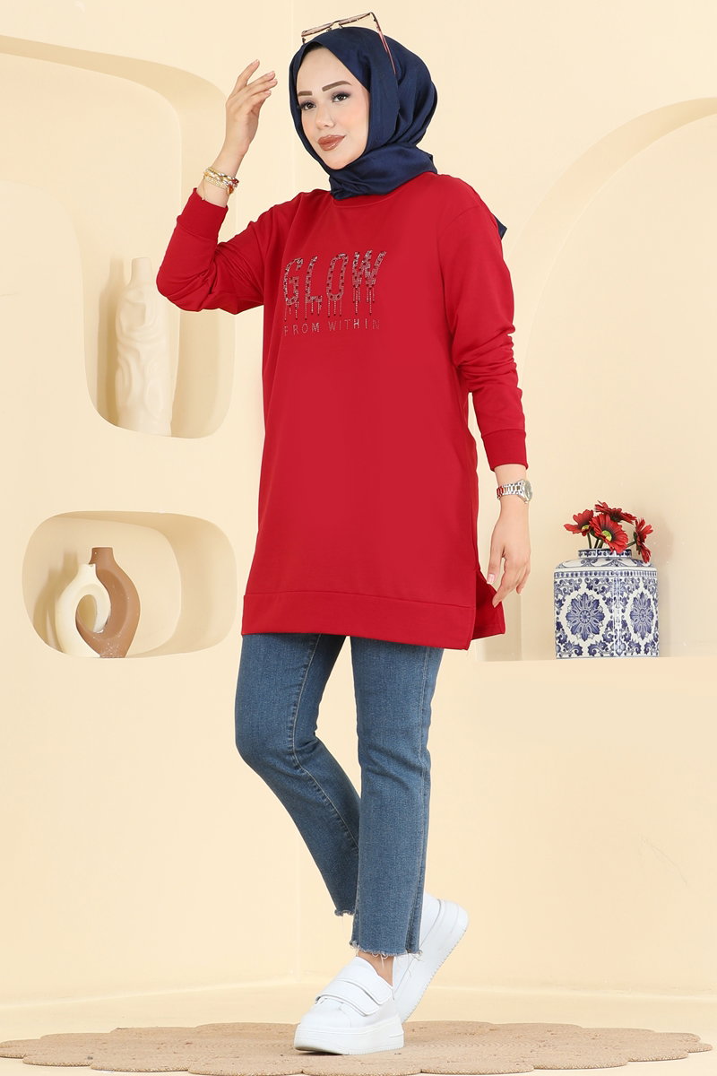 Rhinestone-Print Two-Thread Tunic - Red