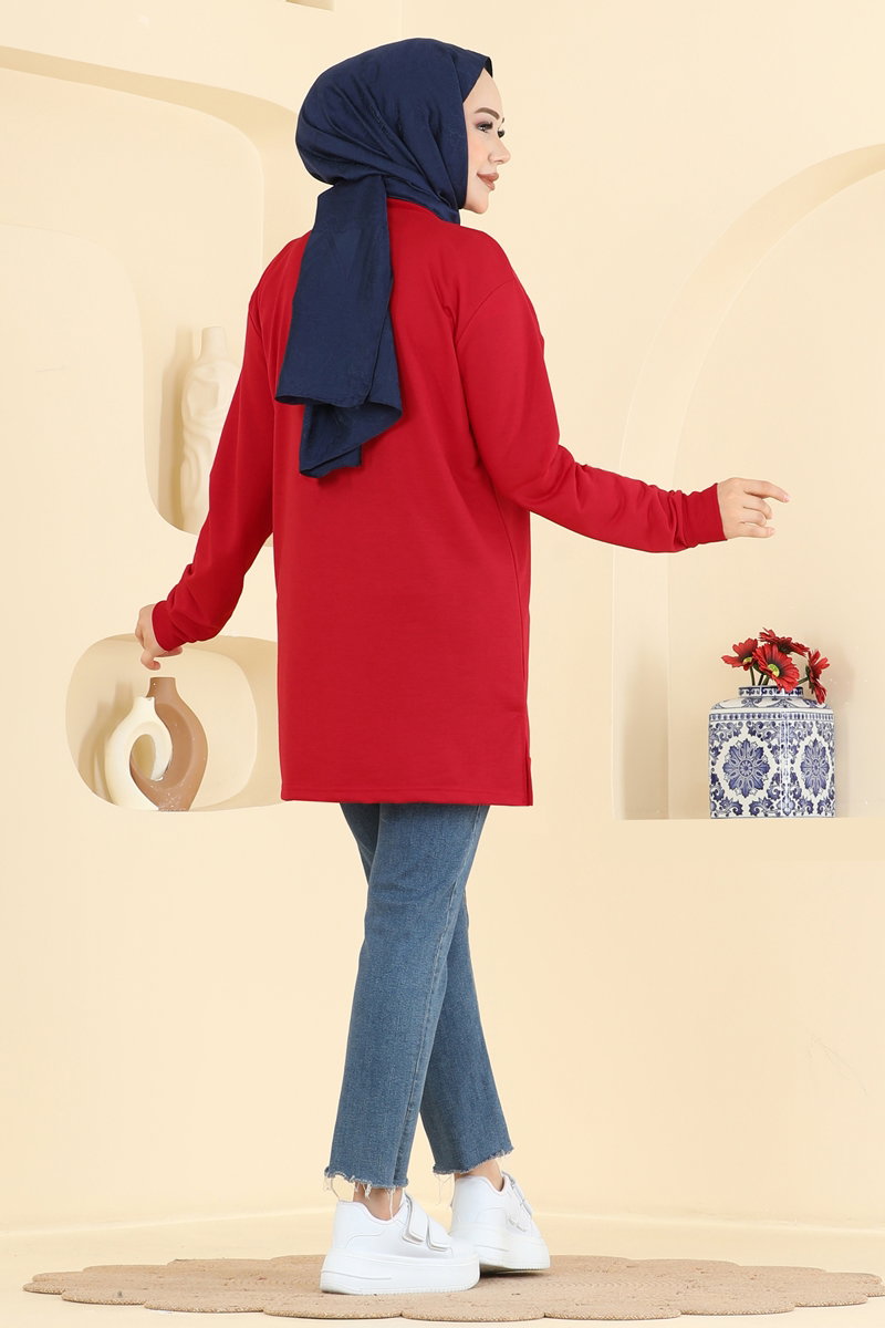 Rhinestone-Print Two-Thread Tunic - Red