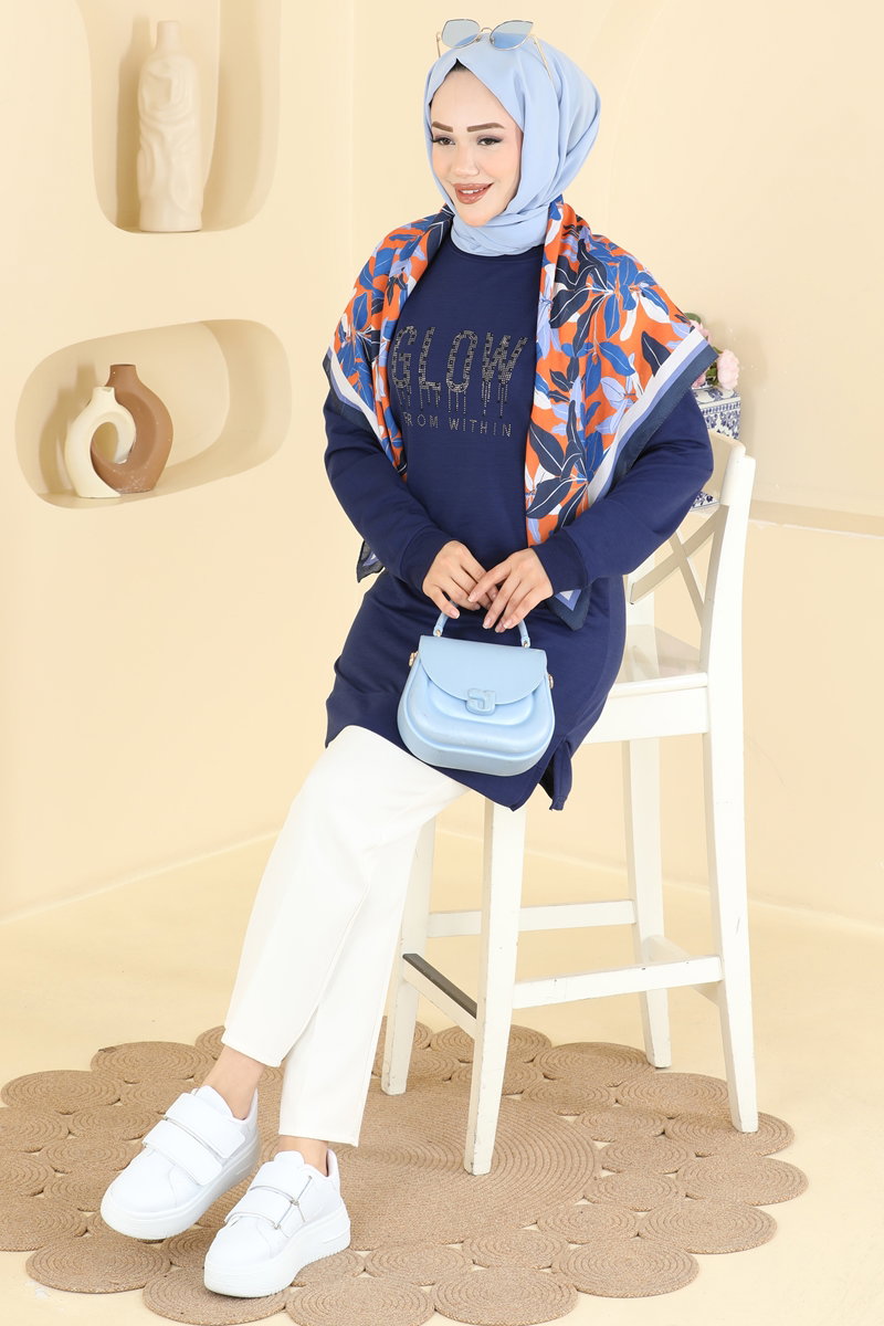 Rhinestone-Print Two-Thread Tunic - Navy