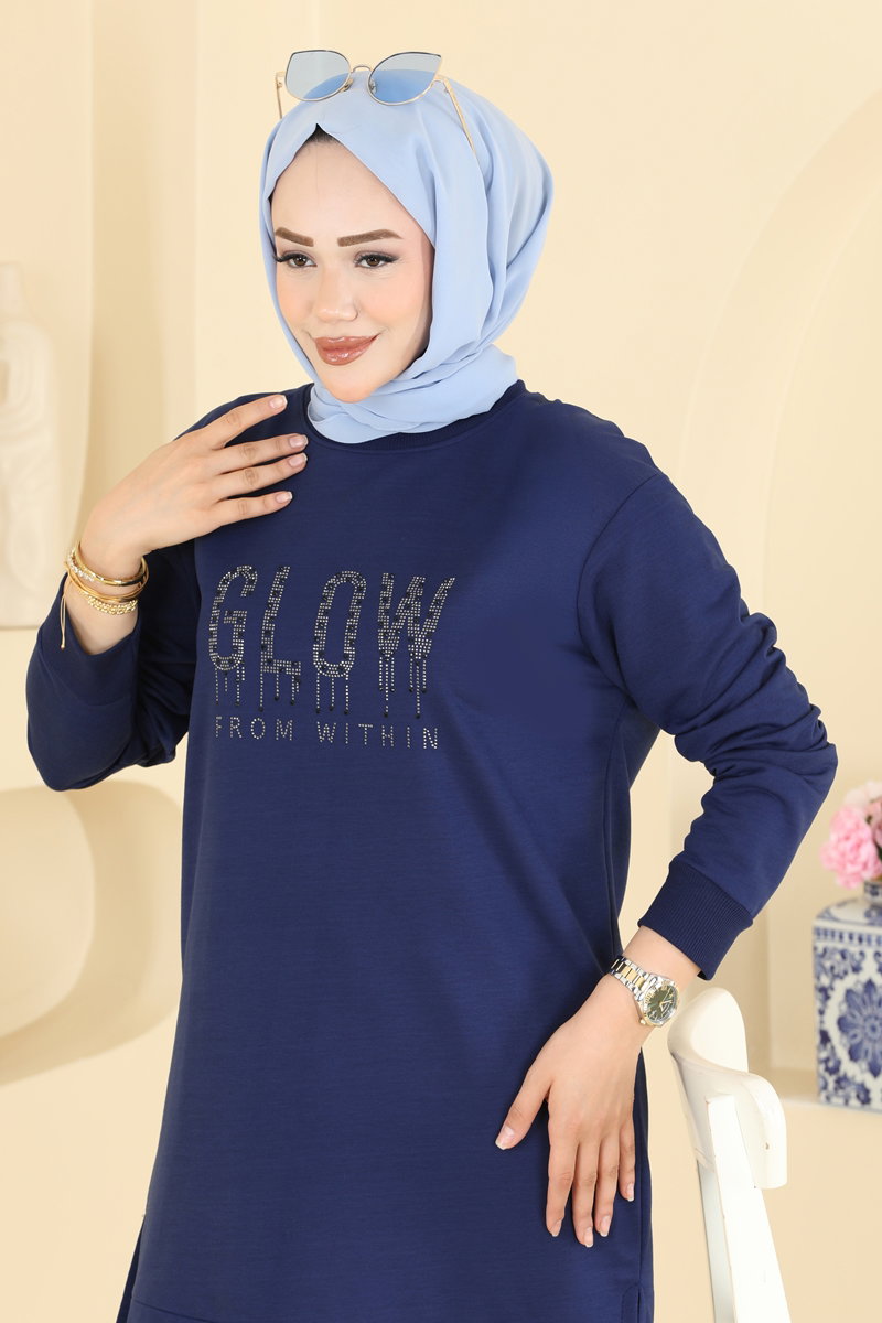 Rhinestone-Print Two-Thread Tunic - Navy