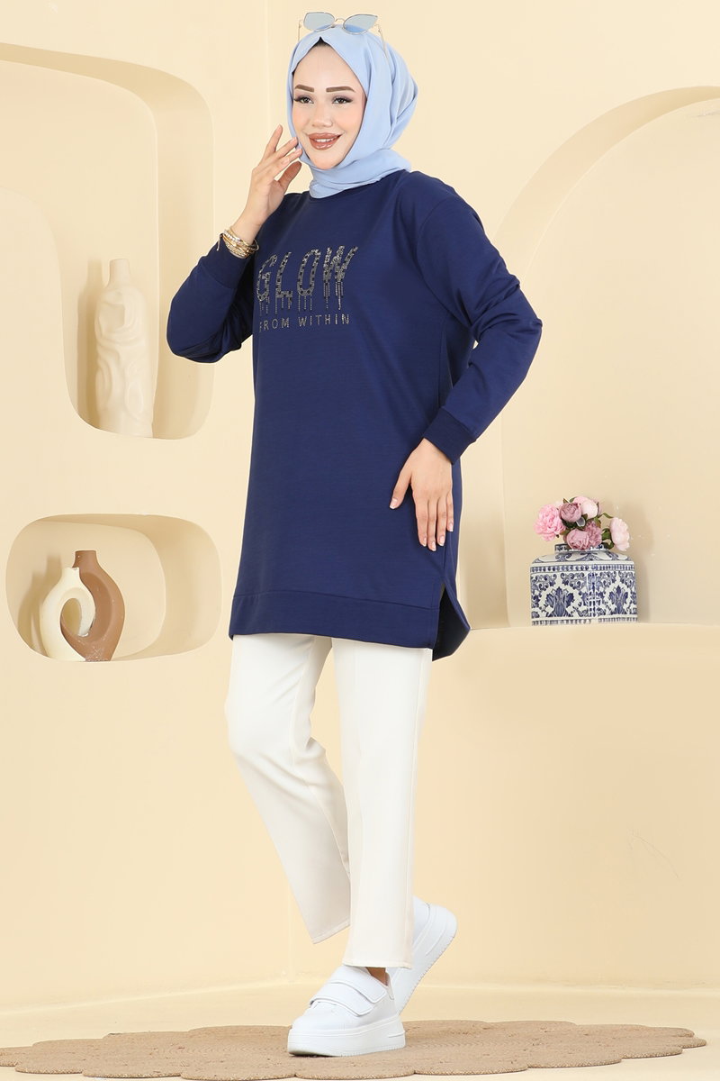 Rhinestone-Print Two-Thread Tunic - Navy