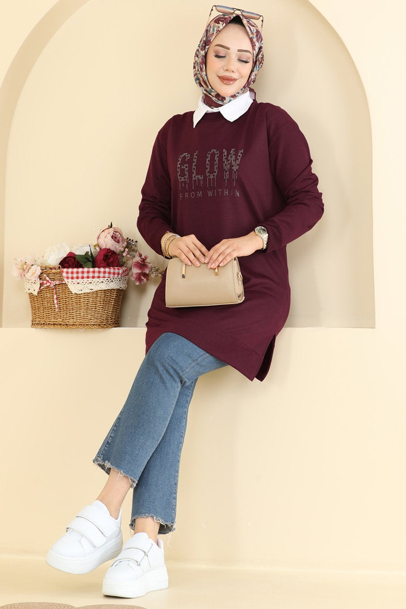 Rhinestone-Print Two-Thread Tunic - Plum