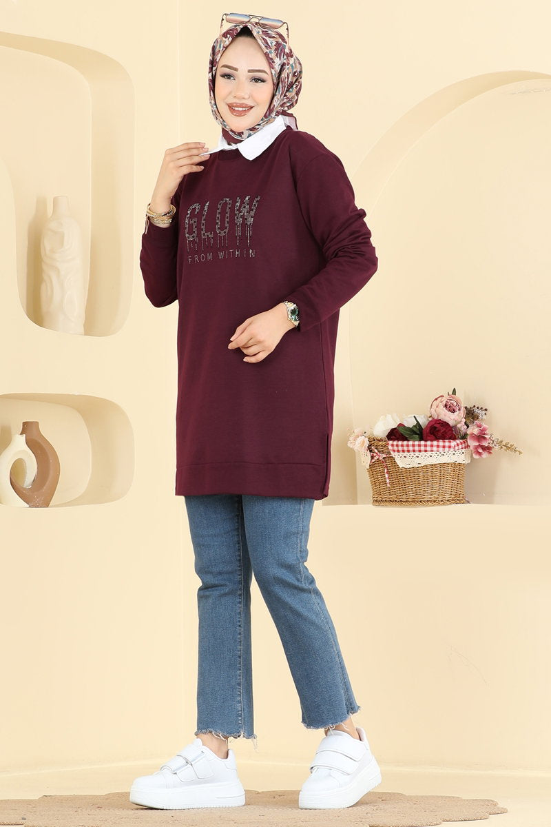 Rhinestone-Print Two-Thread Tunic - Plum