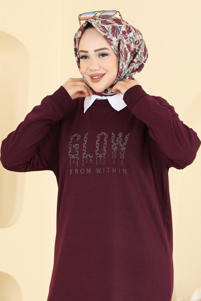 Rhinestone-Print Two-Thread Tunic - Plum