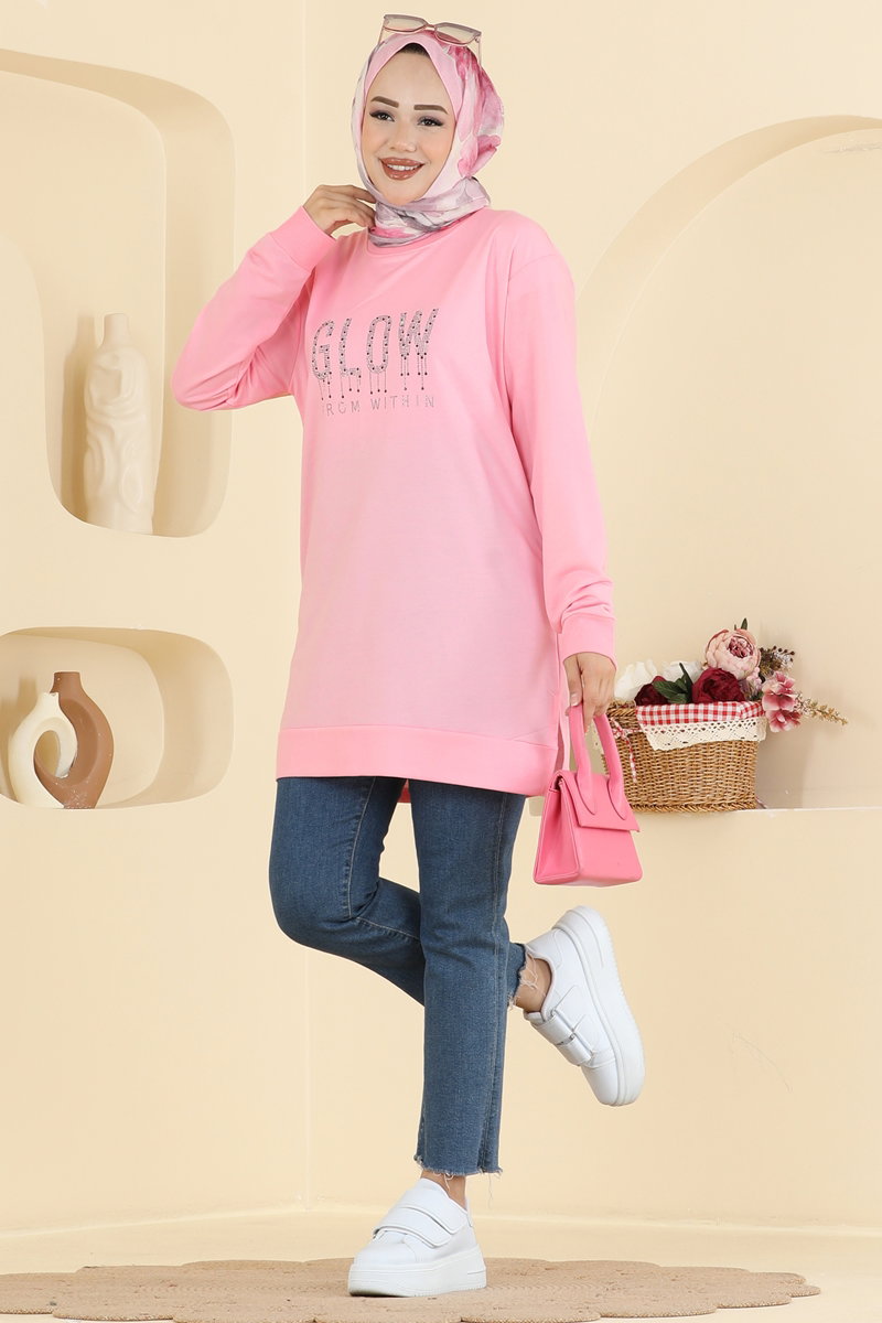 Rhinestone-Print Two-Thread Tunic - Pink
