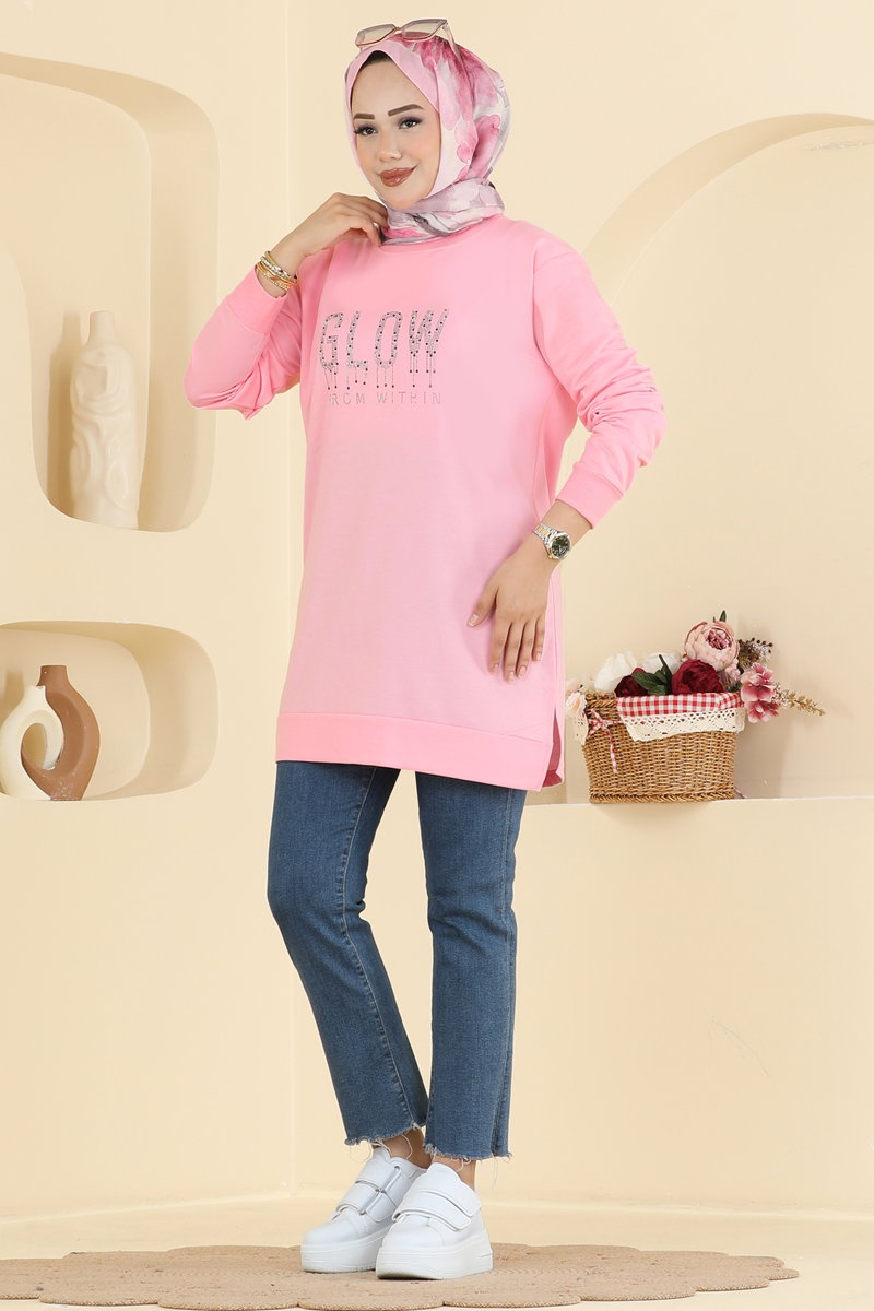 Rhinestone-Print Two-Thread Tunic - Pink