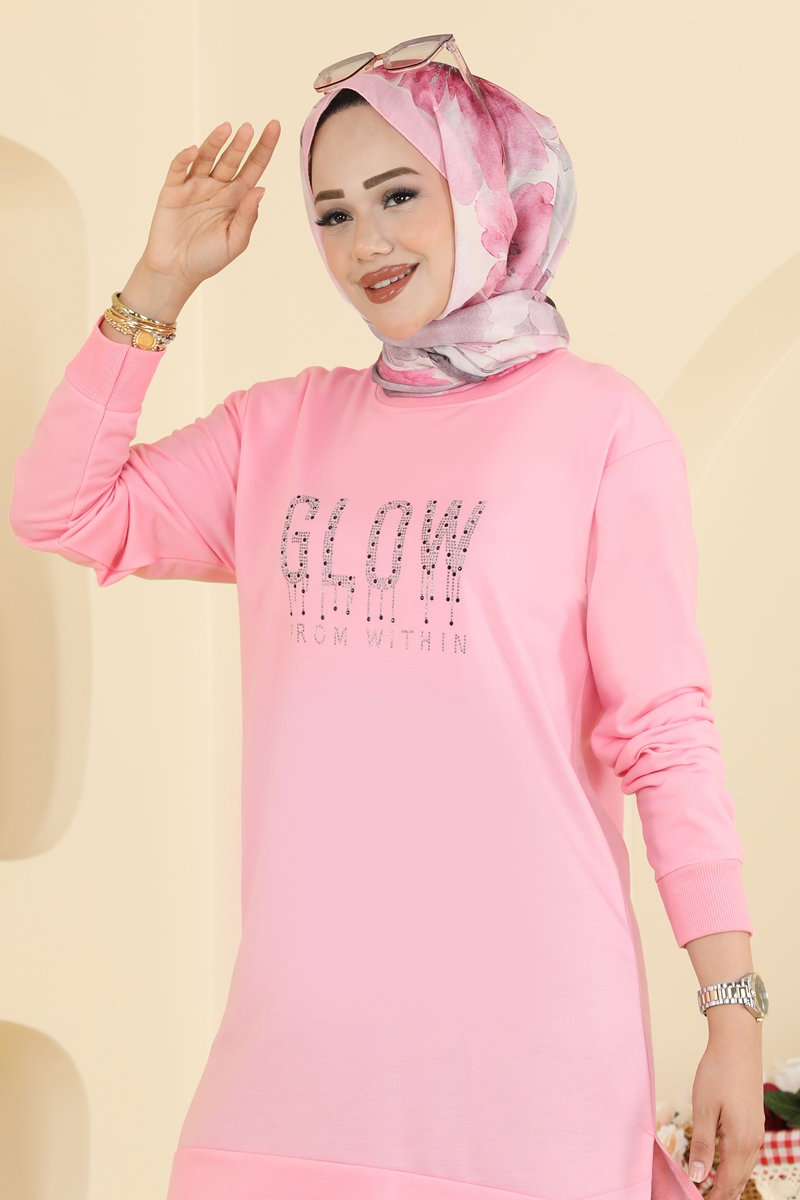 Rhinestone-Print Two-Thread Tunic - Pink