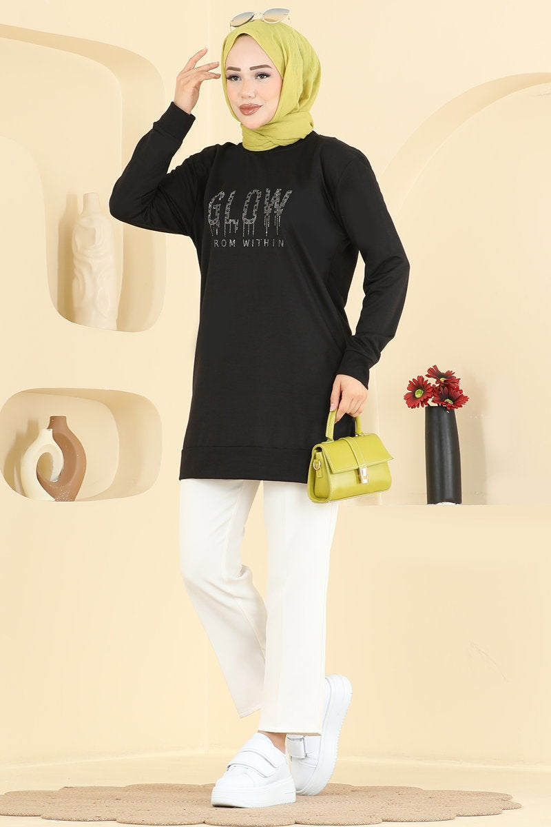 Rhinestone-Print Two-Thread Tunic - Black