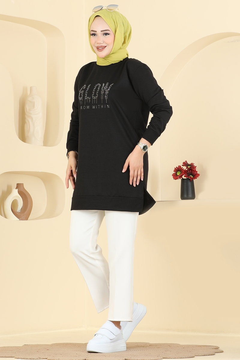 Rhinestone-Print Two-Thread Tunic - Black