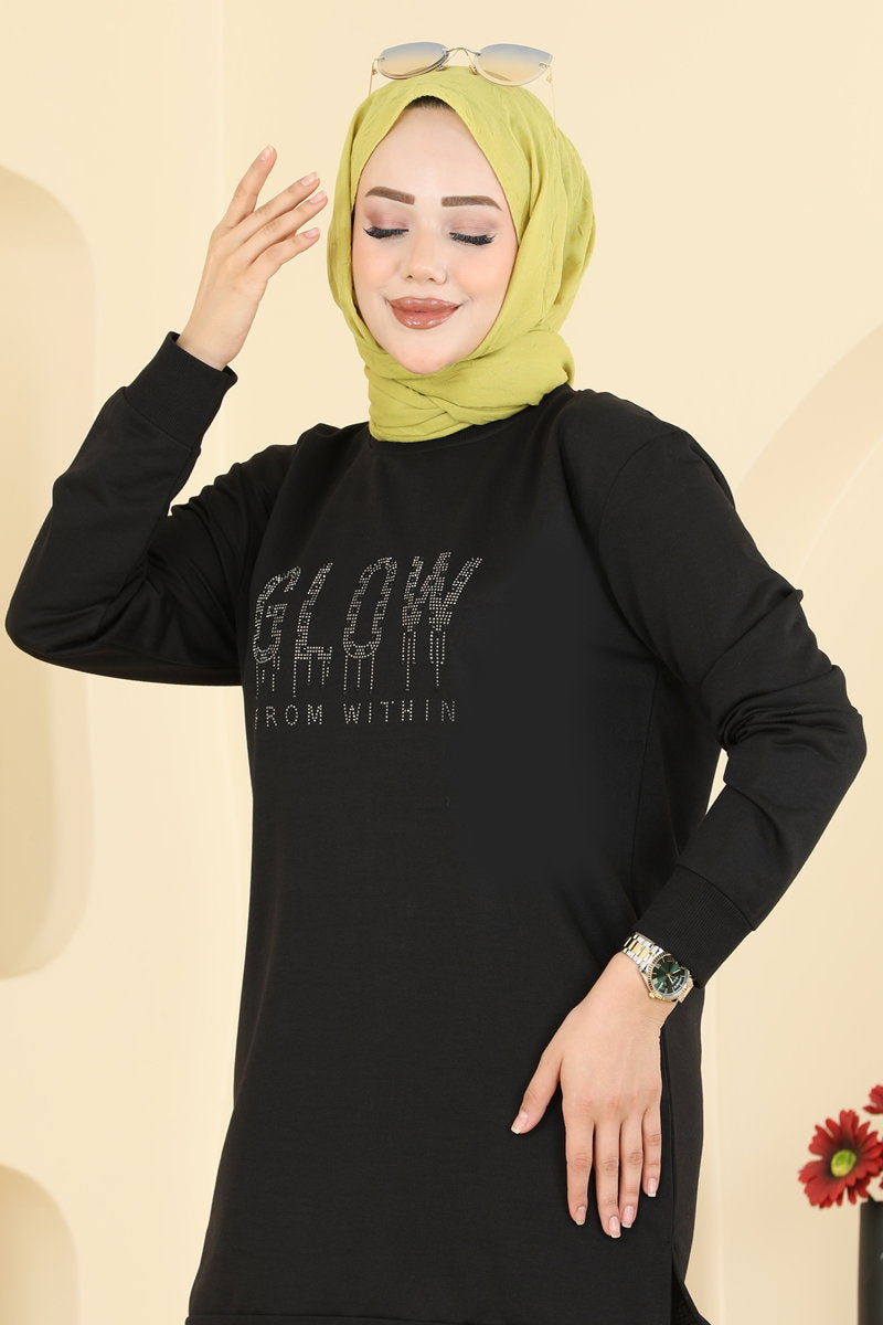 Rhinestone-Print Two-Thread Tunic - Black
