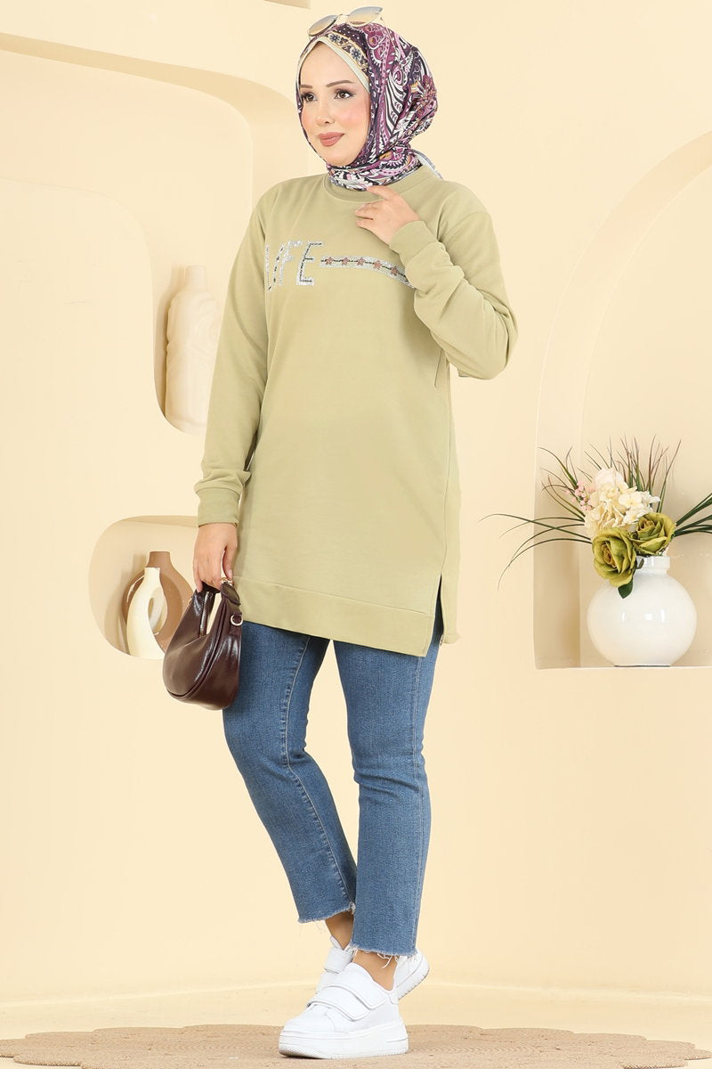 Rhinestone-Print Tunic with Slits - Light Almond Green