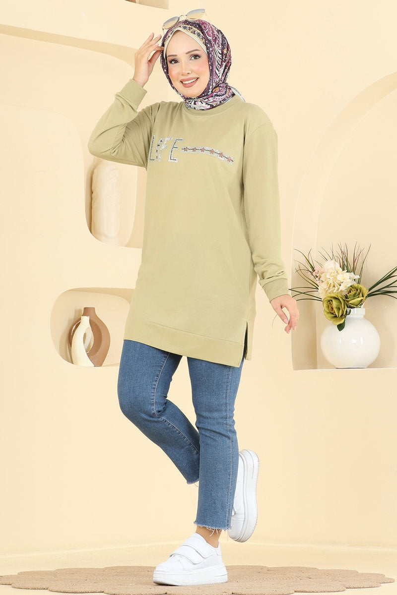 Rhinestone-Print Tunic with Slits - Light Almond Green