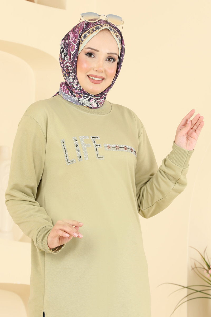 Rhinestone-Print Tunic with Slits - Light Almond Green