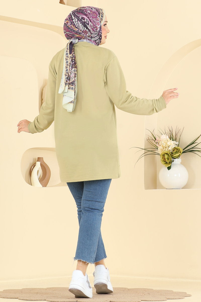 Rhinestone-Print Tunic with Slits - Light Almond Green
