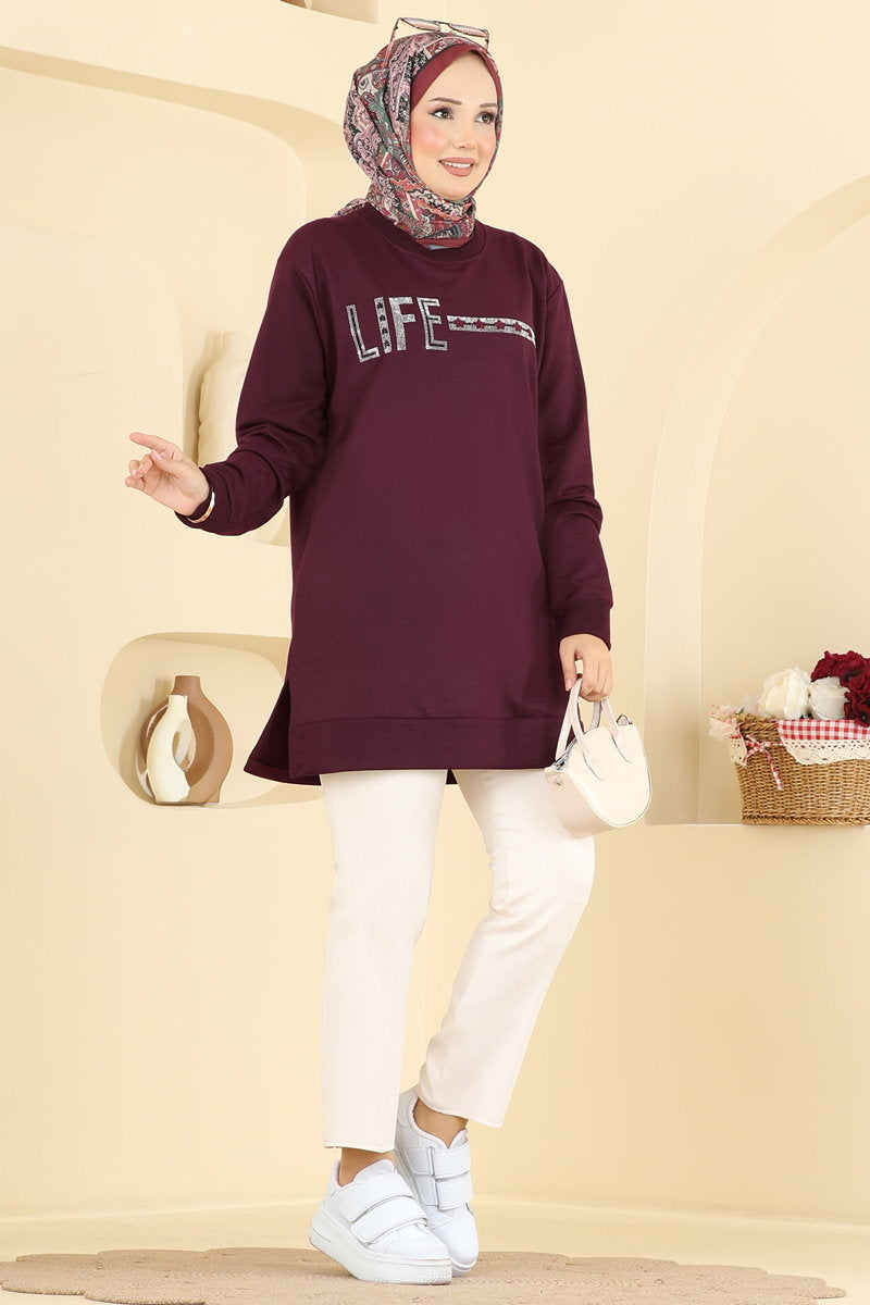 Rhinestone-Print Tunic with Slits - Burgundy