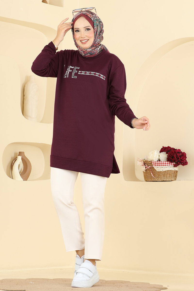 Rhinestone-Print Tunic with Slits - Burgundy
