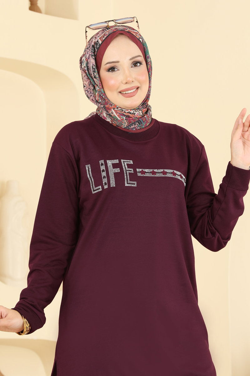 Rhinestone-Print Tunic with Slits - Burgundy
