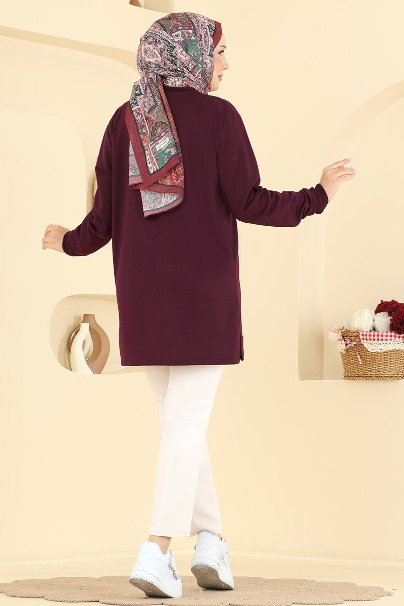 Rhinestone-Print Tunic with Slits - Burgundy