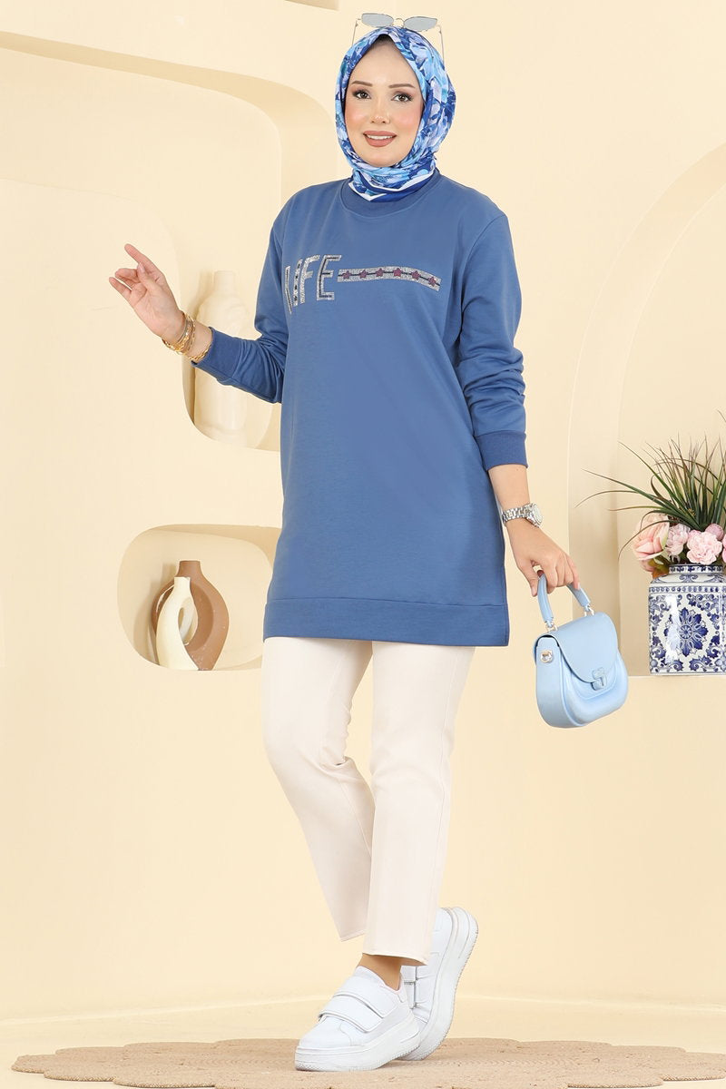 Rhinestone-Print Tunic with Slits - Indigo