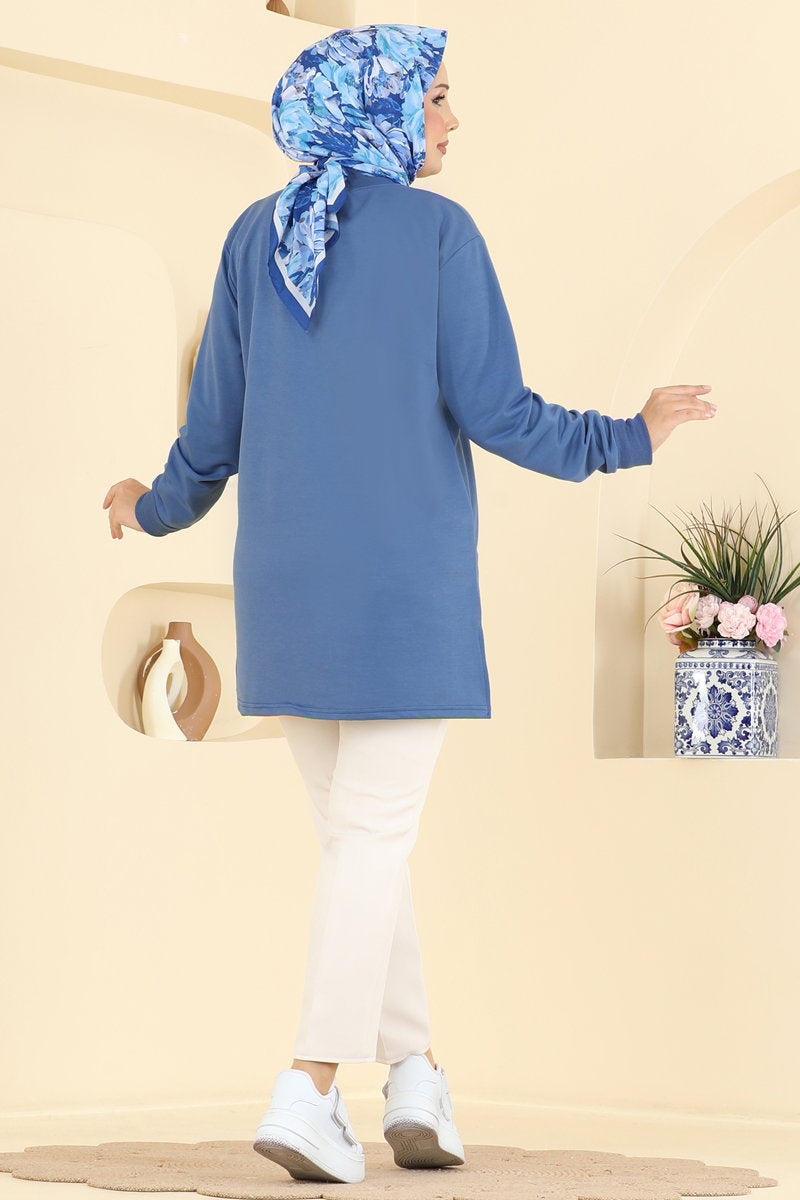 Rhinestone-Print Tunic with Slits - Indigo