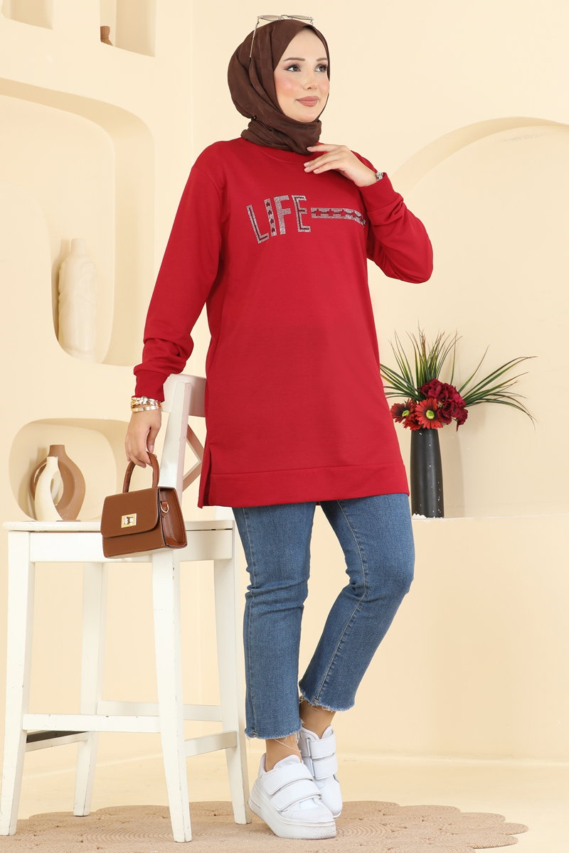 Rhinestone-Print Tunic with Slits - Red