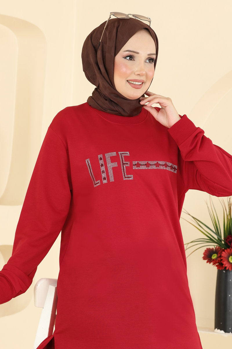Rhinestone-Print Tunic with Slits - Red
