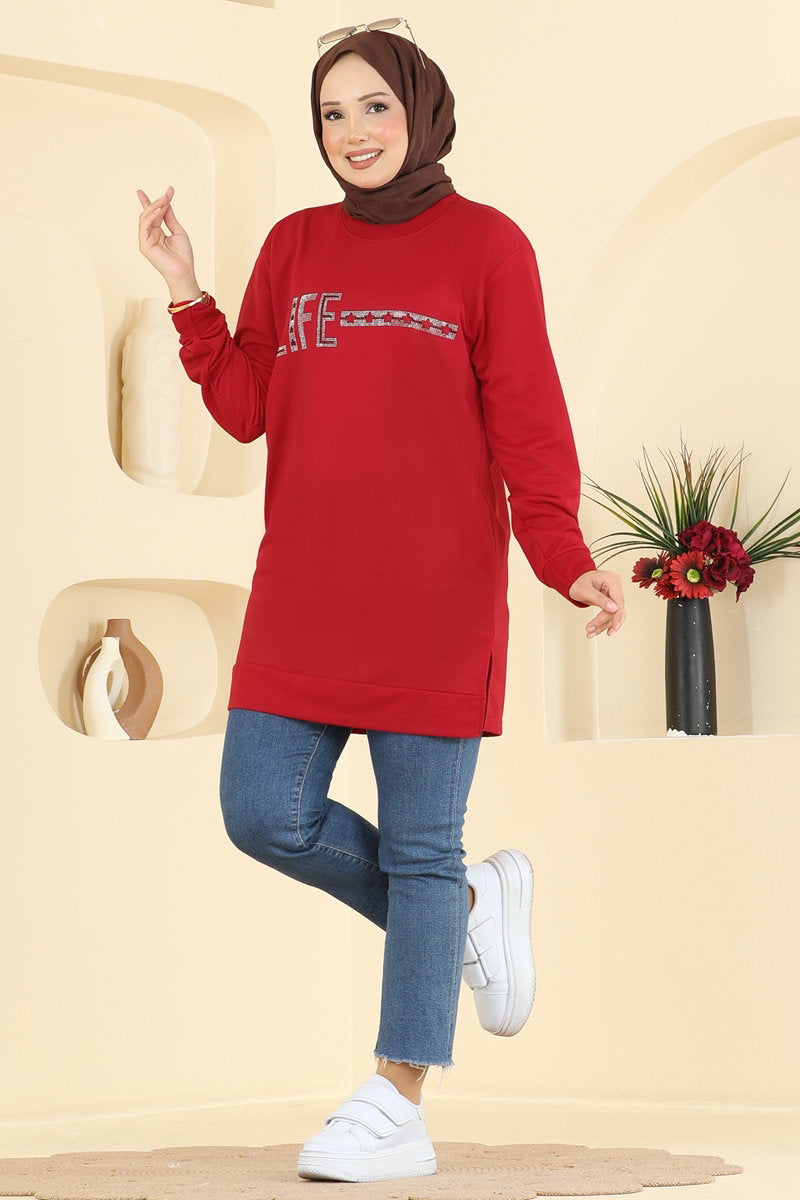 Rhinestone-Print Tunic with Slits - Red