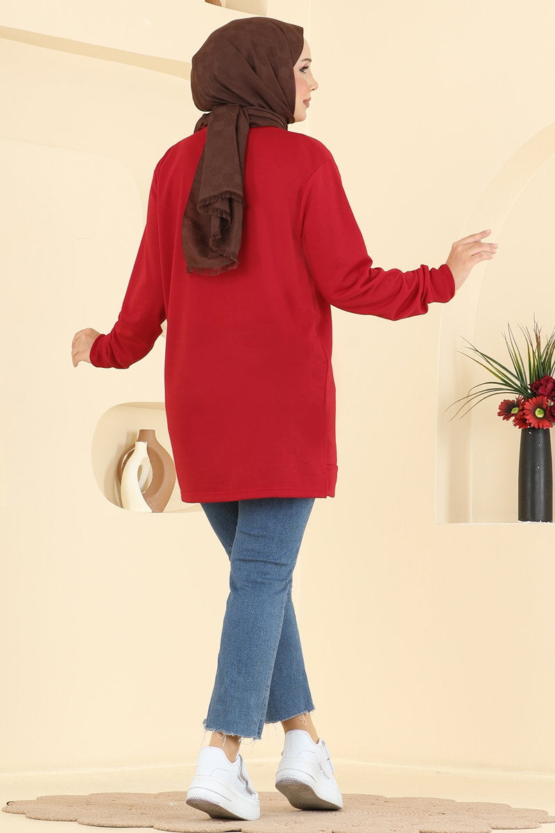 Rhinestone-Print Tunic with Slits - Red