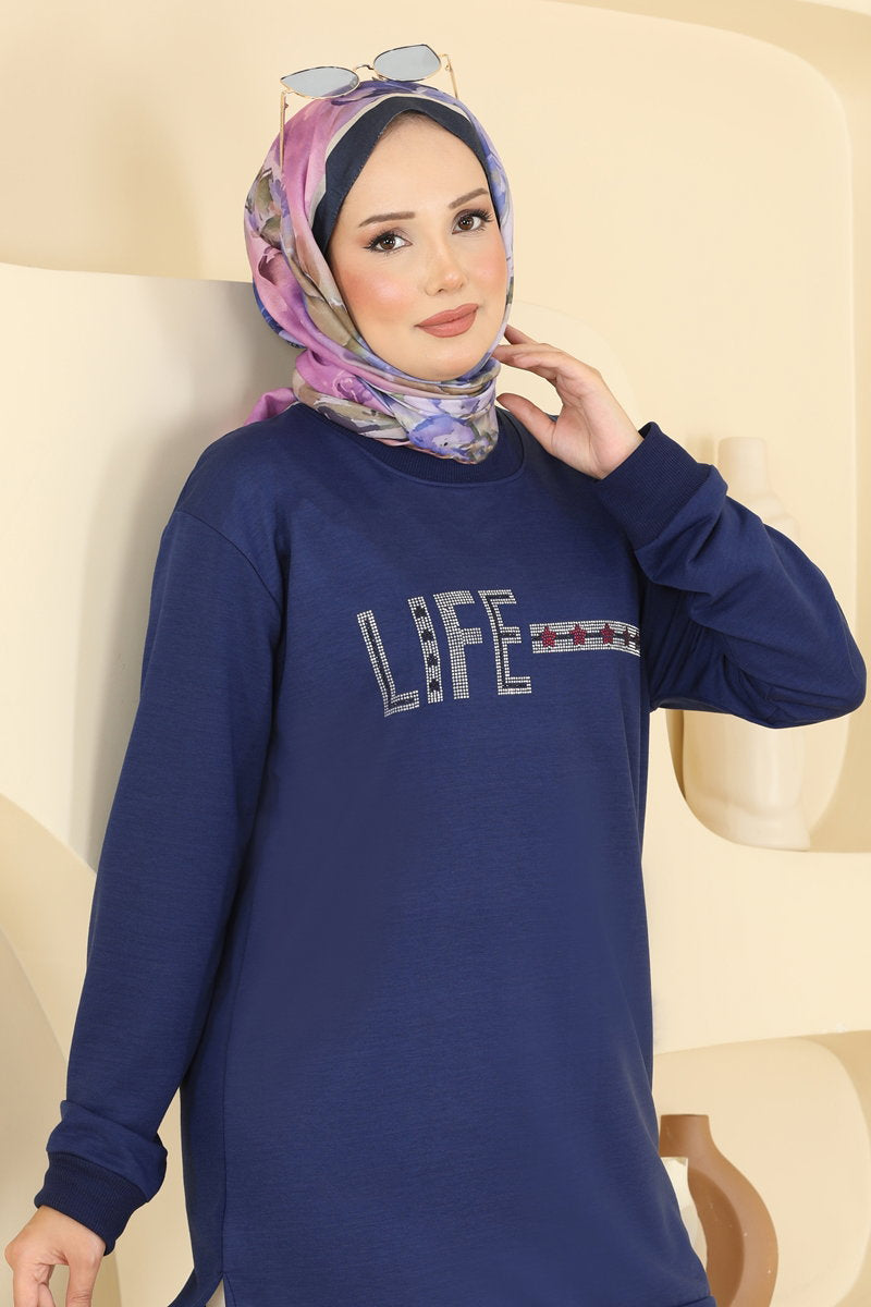Rhinestone-Print Tunic with Slits - Navy
